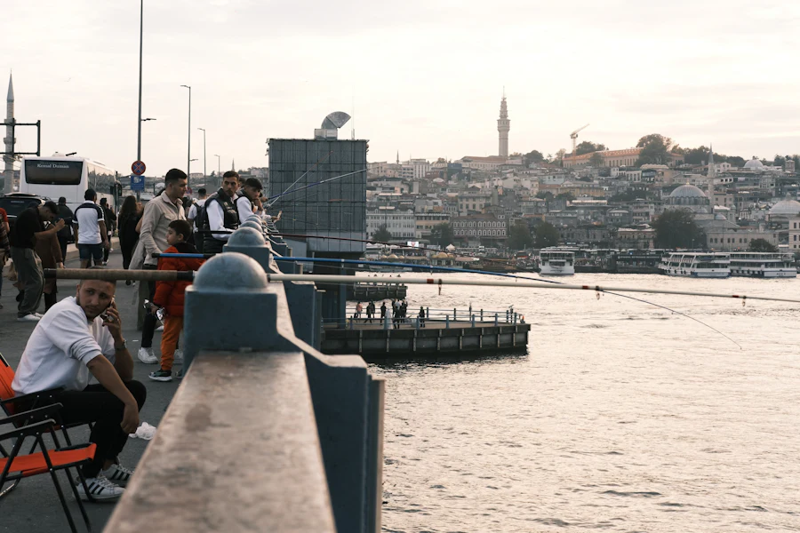 People on Galata Bridge overlooking Istanbul and the waterfront