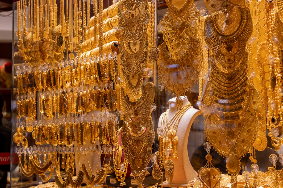 Gold jewelry displayed at a bazaar shop in Istanbul