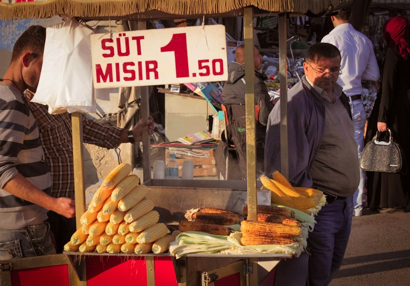 Corn sold from a street food cart in Istanbul