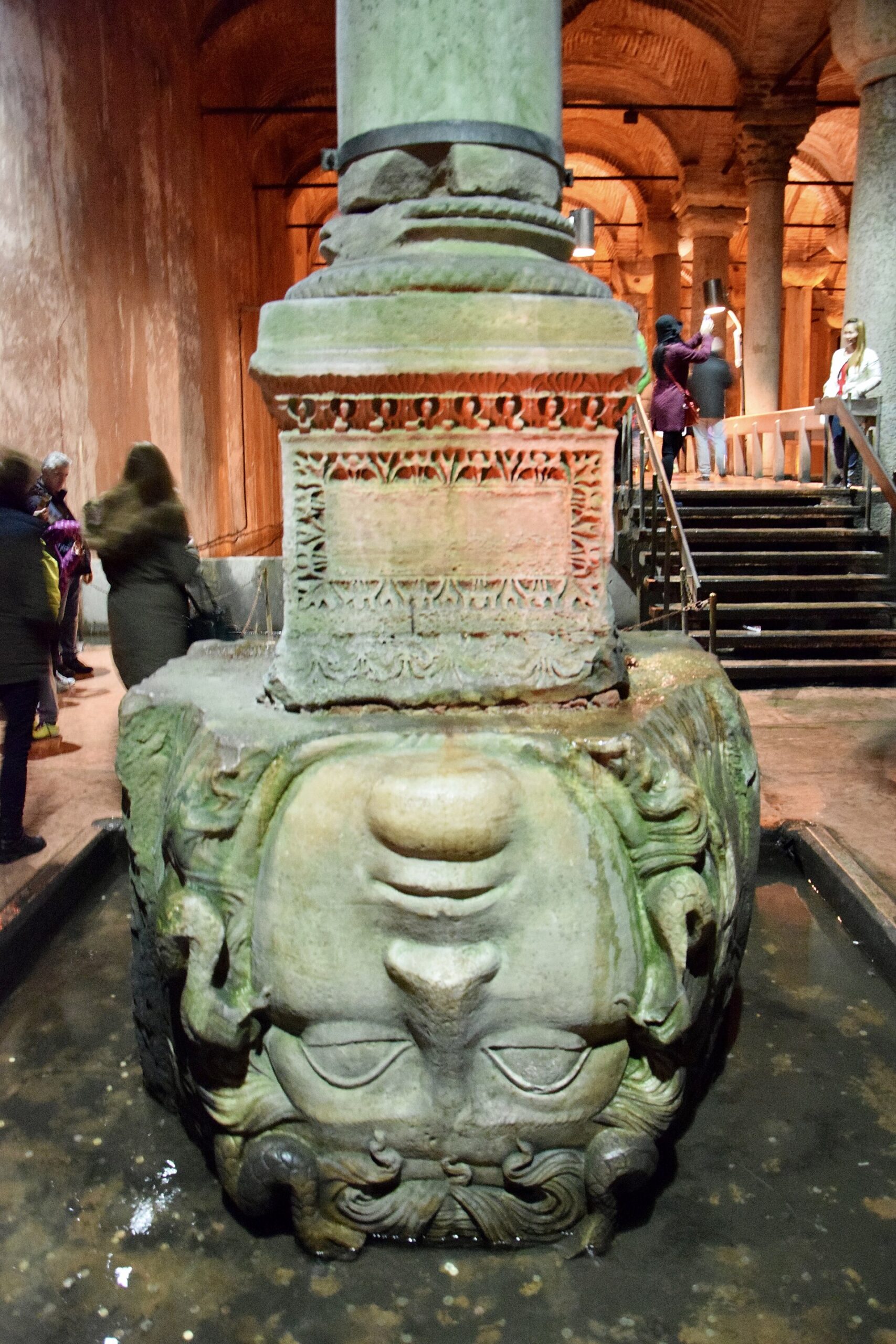 Carved Medusa head forming the base of a column in the Basilica Cistern, Istanbul