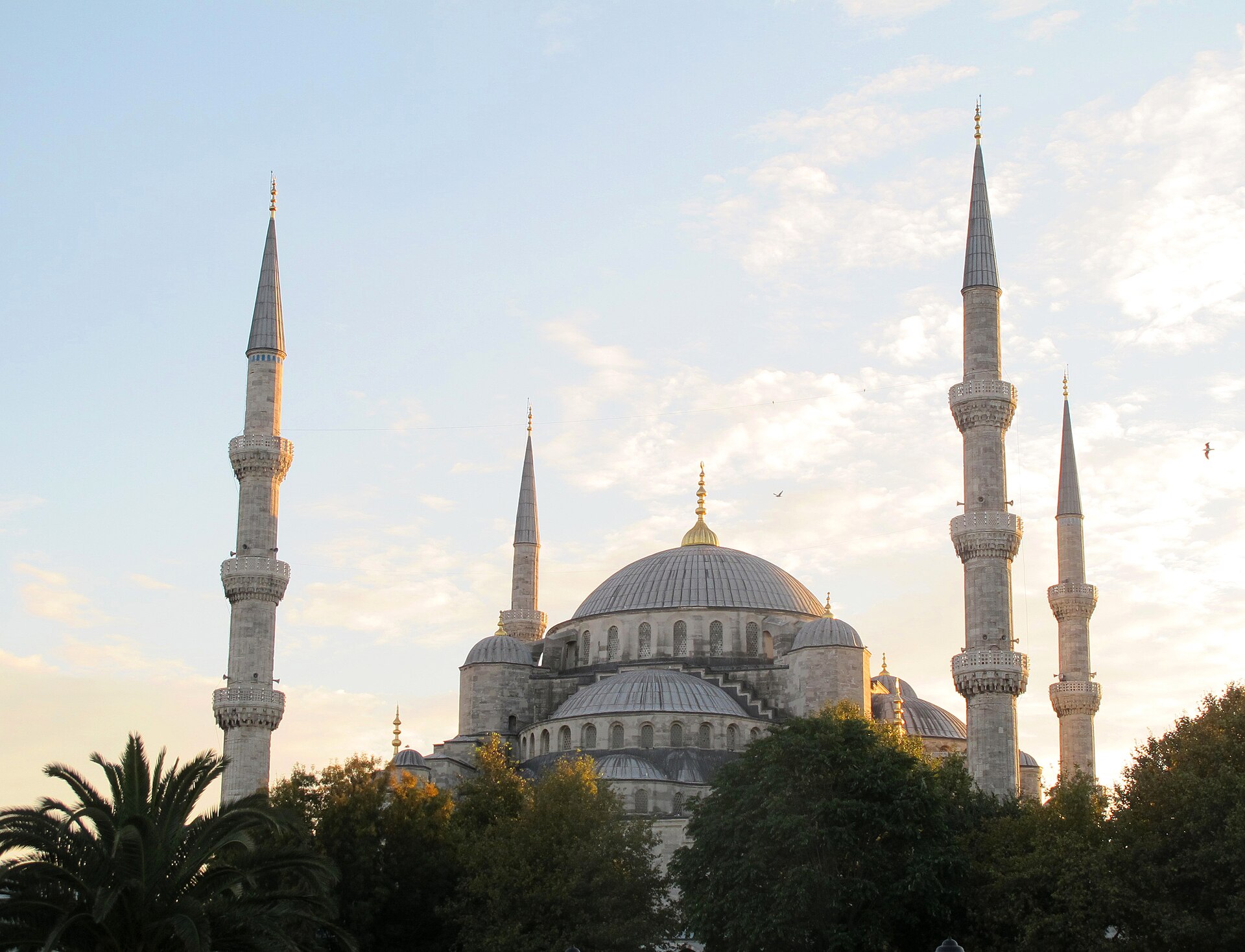 Domes and minarets of the Blue Mosque in Istanbul in evening light