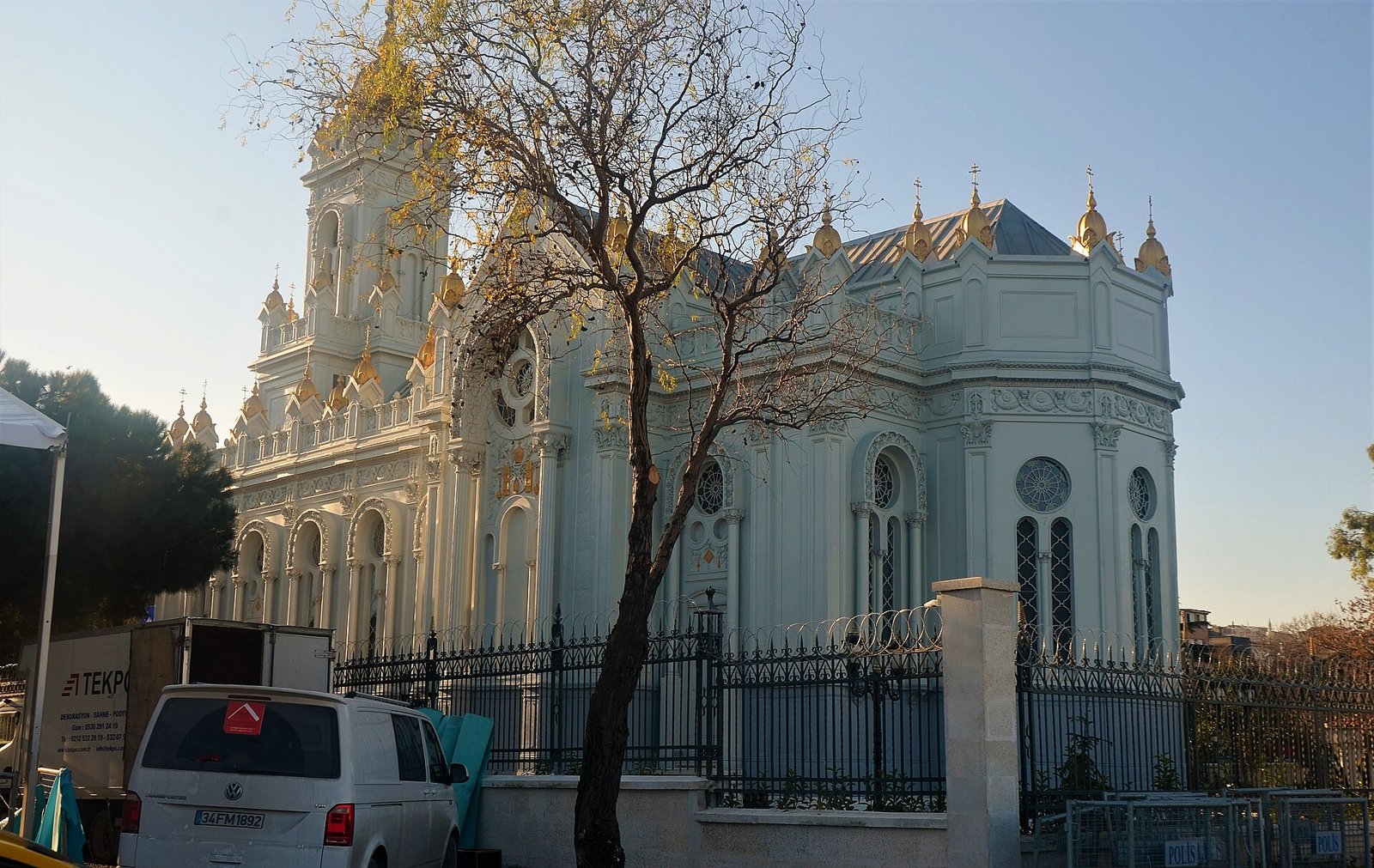 Pale blue cast-iron Bulgarian St. Stephen Church with gilded domes in Balat