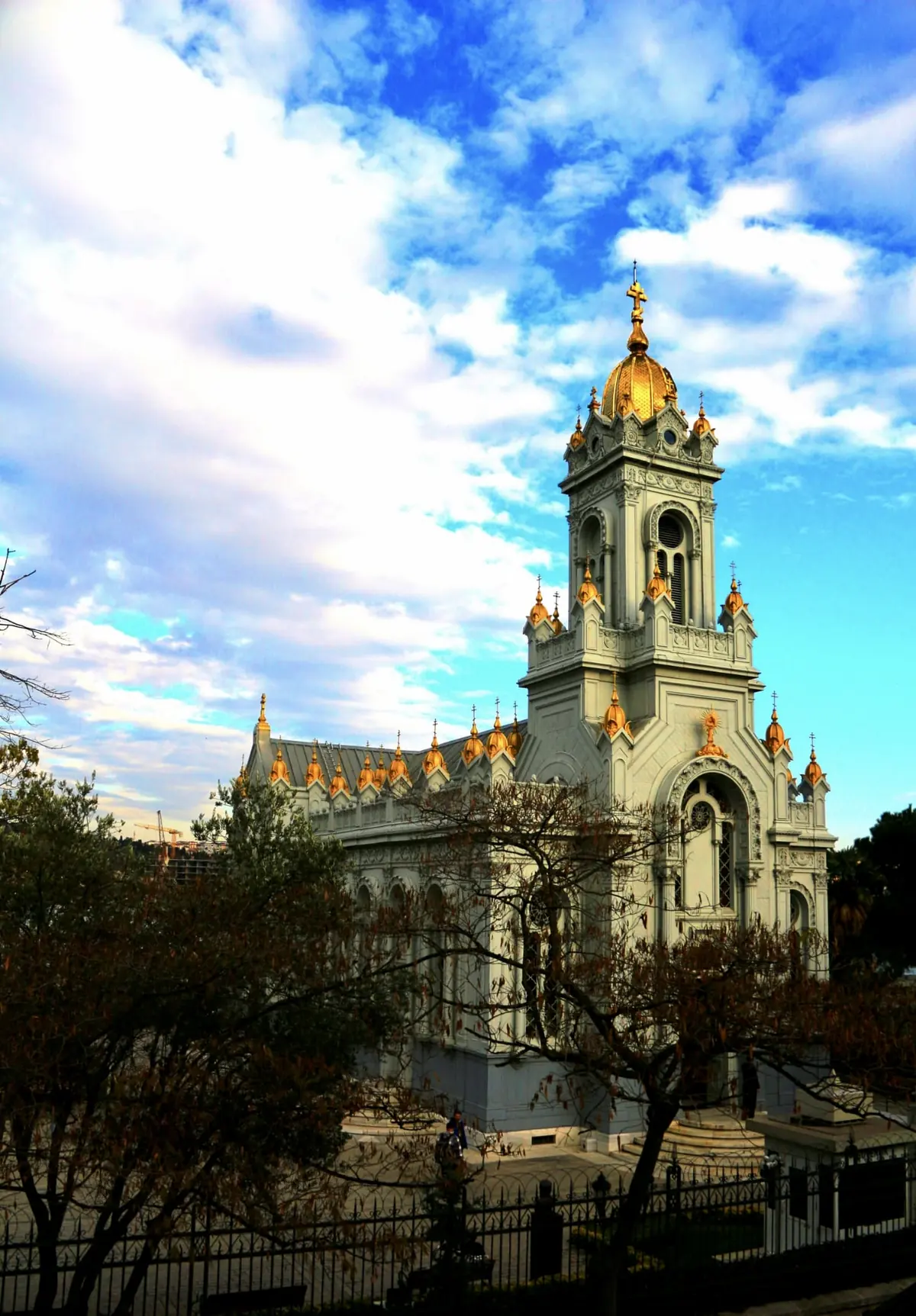 Bulgarian Iron Church in Istanbul with its white iron façade and golden dome