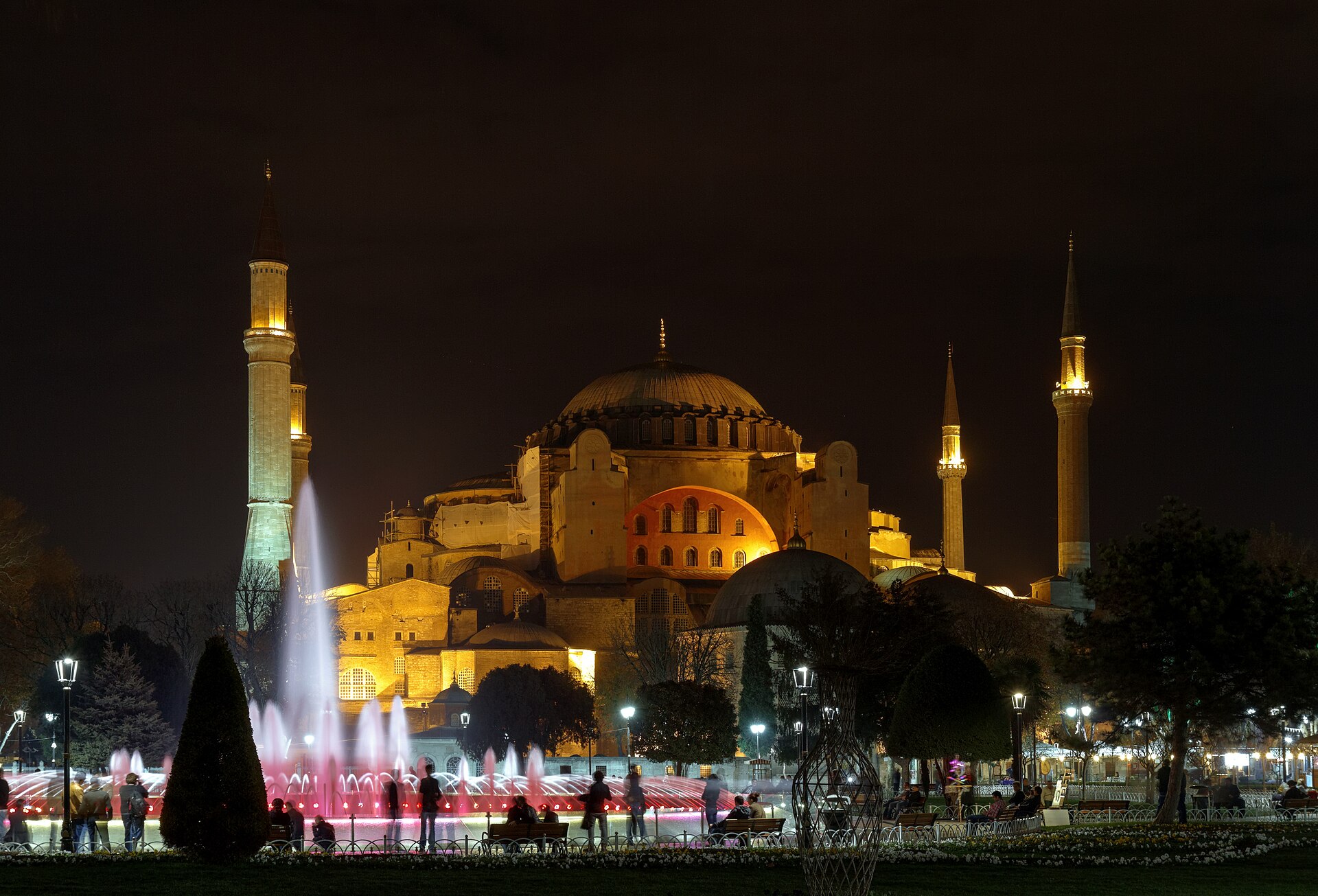 Hagia Sophia lit up at night with two minarets