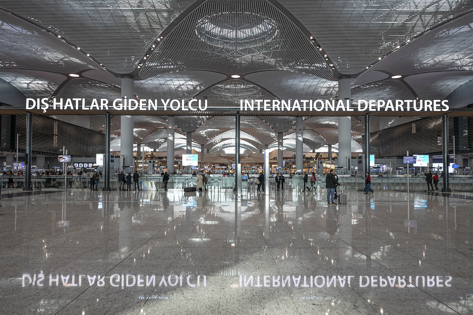 International departures hall with a large steel roof at Istanbul Airport