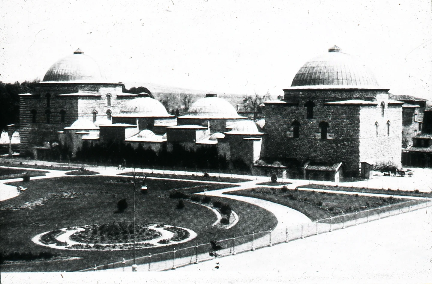 Historic Hürrem Sultan hammam in Istanbul, with domes and garden paths