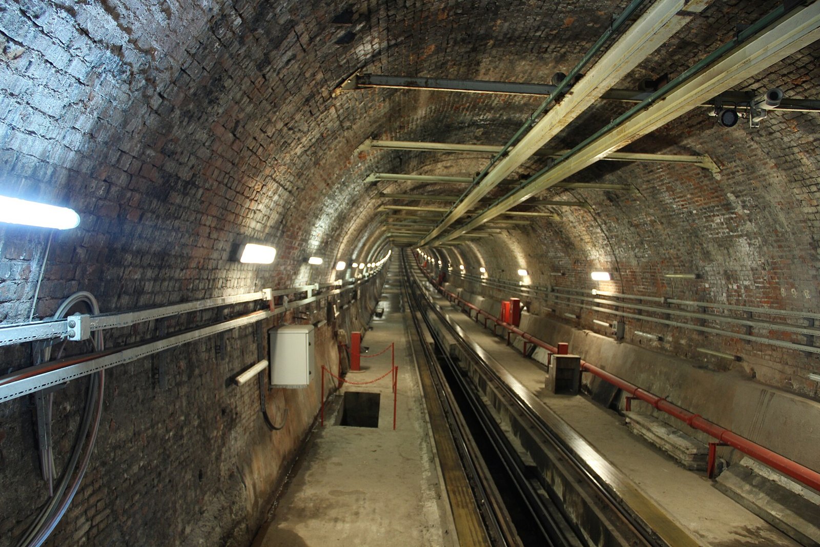 Brick-lined Tünel funicular tunnel at Karaköy station with twin tracks