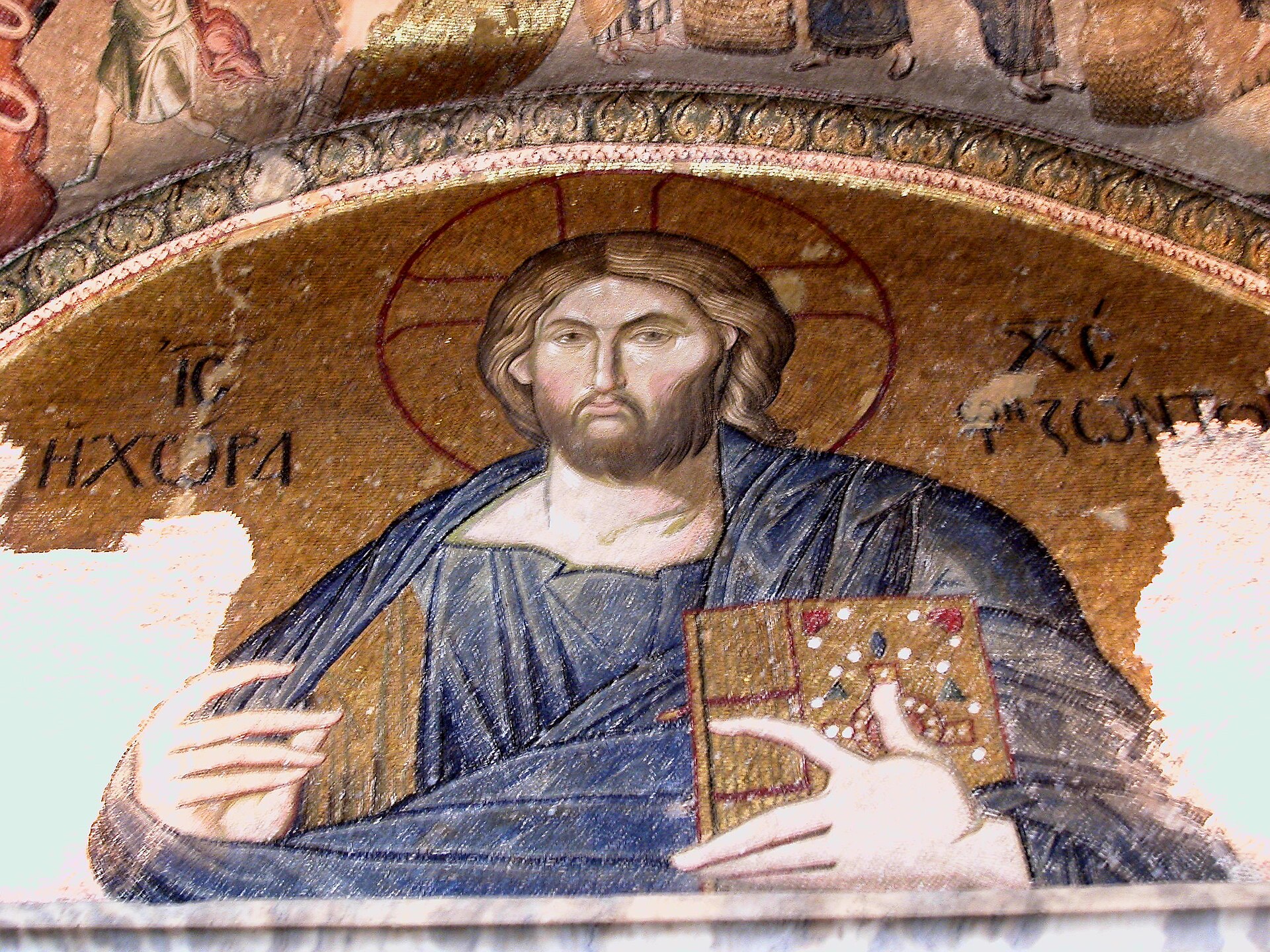 Byzantine mosaic of Christ holding a book in the inner narthex of the Chora Church