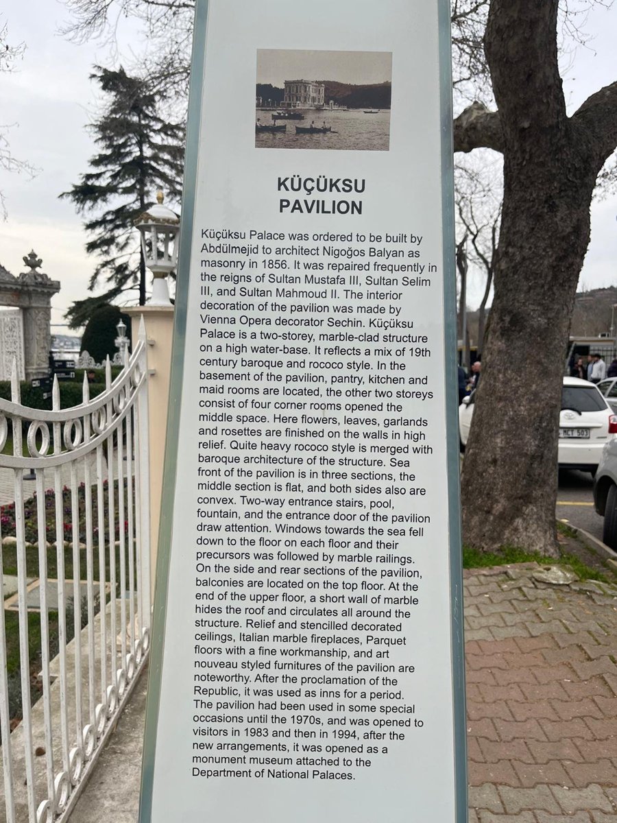 Information panel beside the fence of Küçüksu Pavilion describing its history