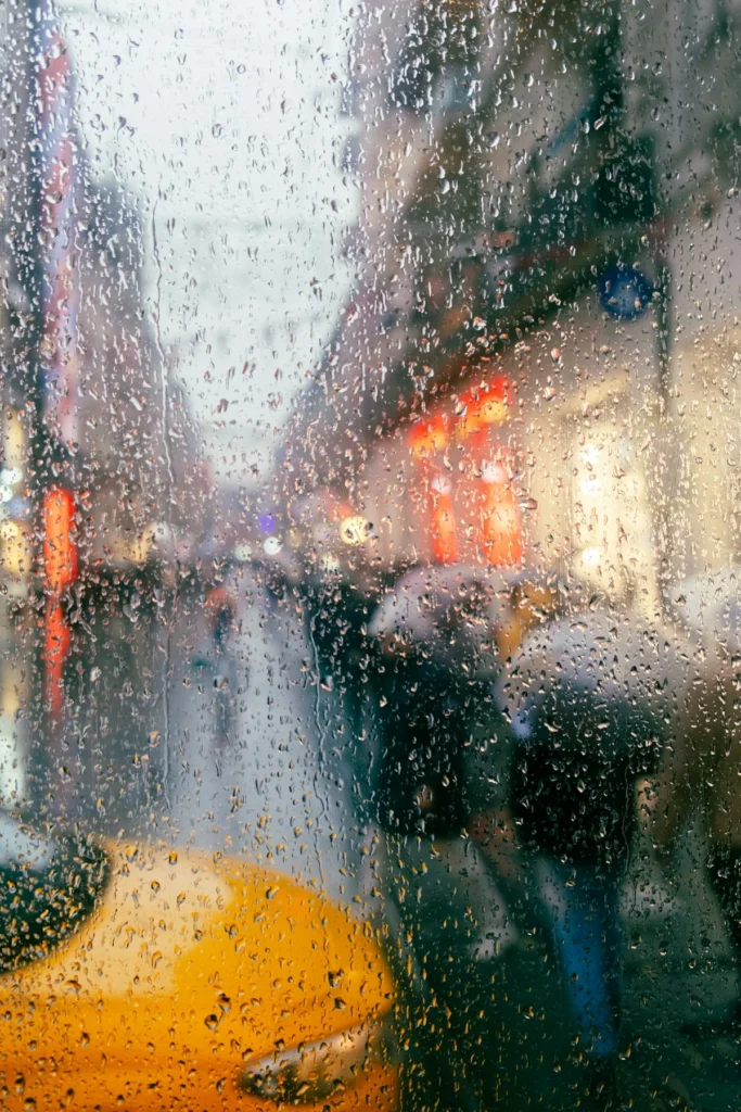 Rainy day in Istanbul: İstiklal Street seen through a rain-covered window