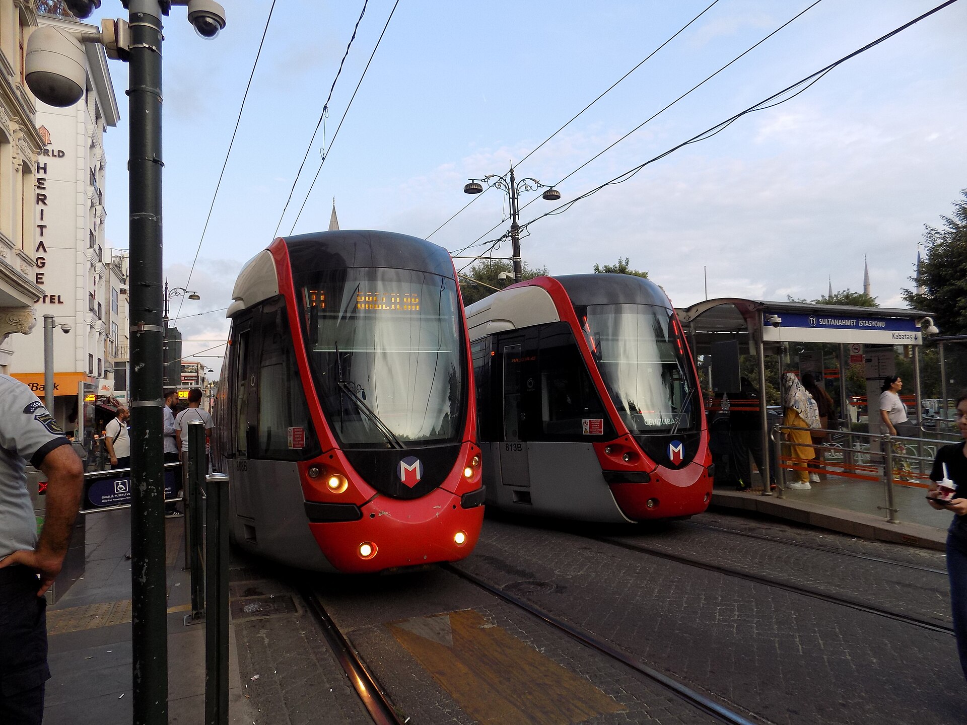 Two red T1 trams waiting at the Sultanahmet stop in Istanbul